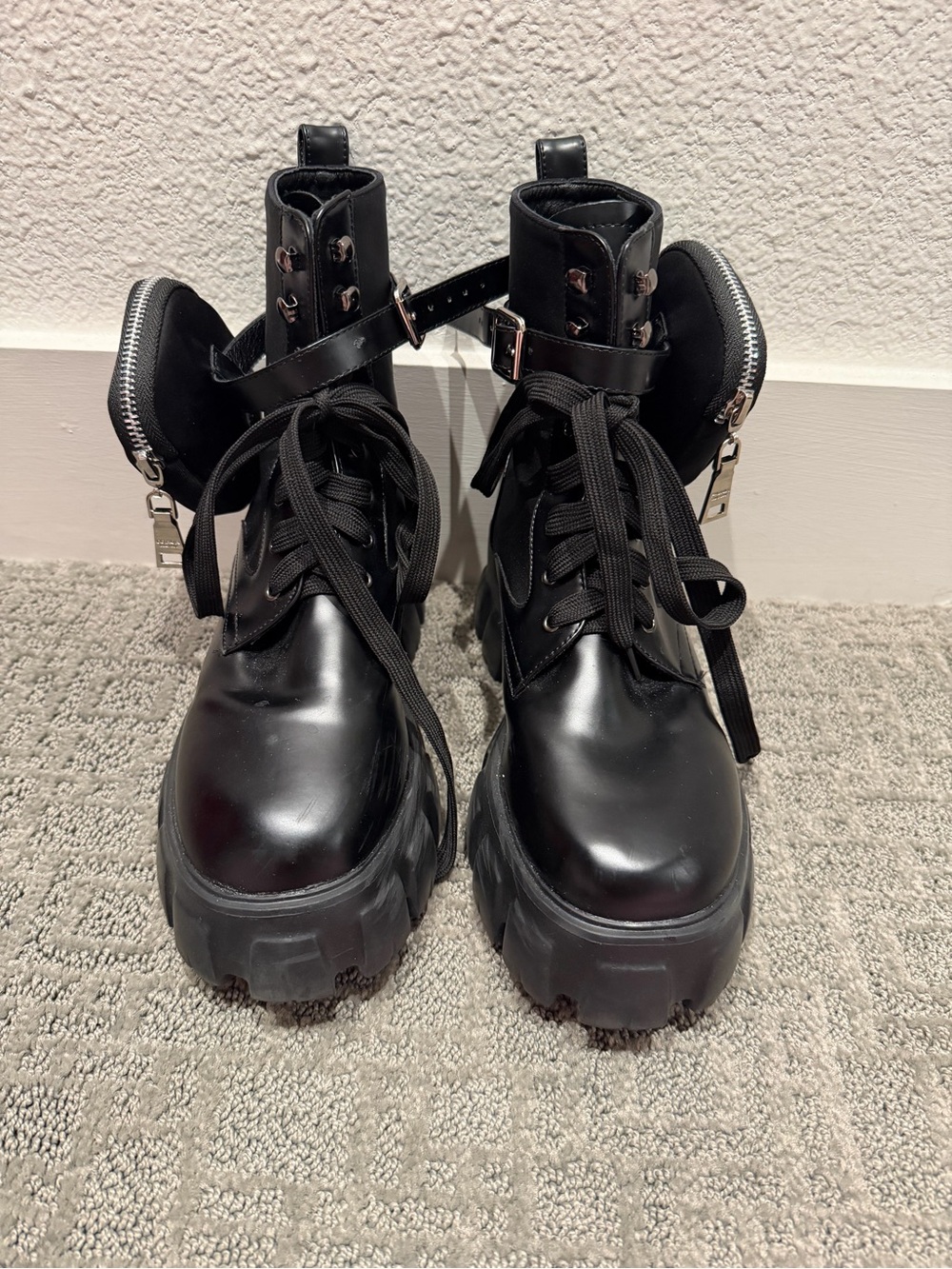 Black Chunky Lace-Up Women's monolith Boots with Side Pouches.